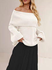 White off-shoulder ribbed sweater with wide neckline
