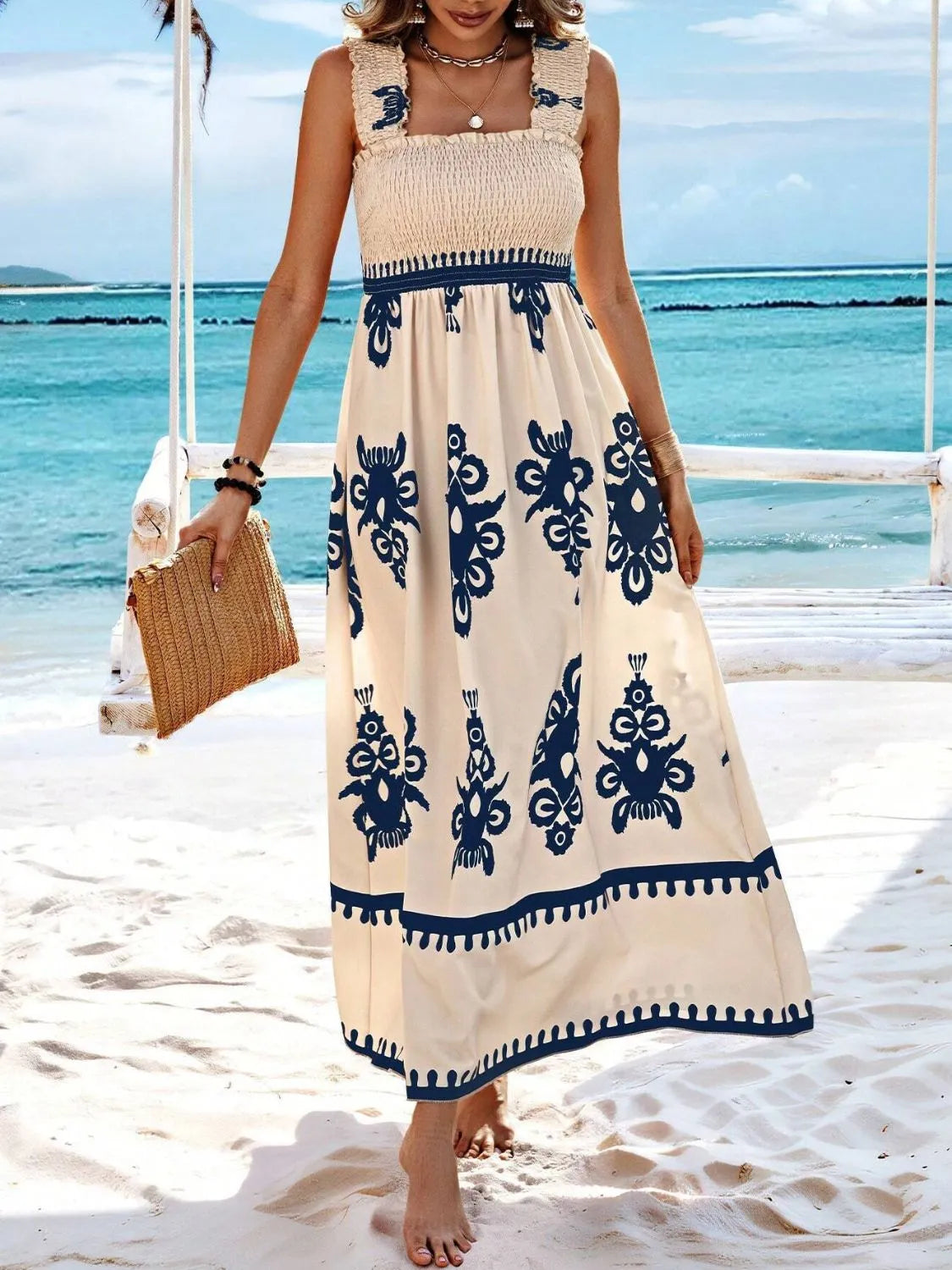 Blue floral-print maxi dress with smocked bodice, front view