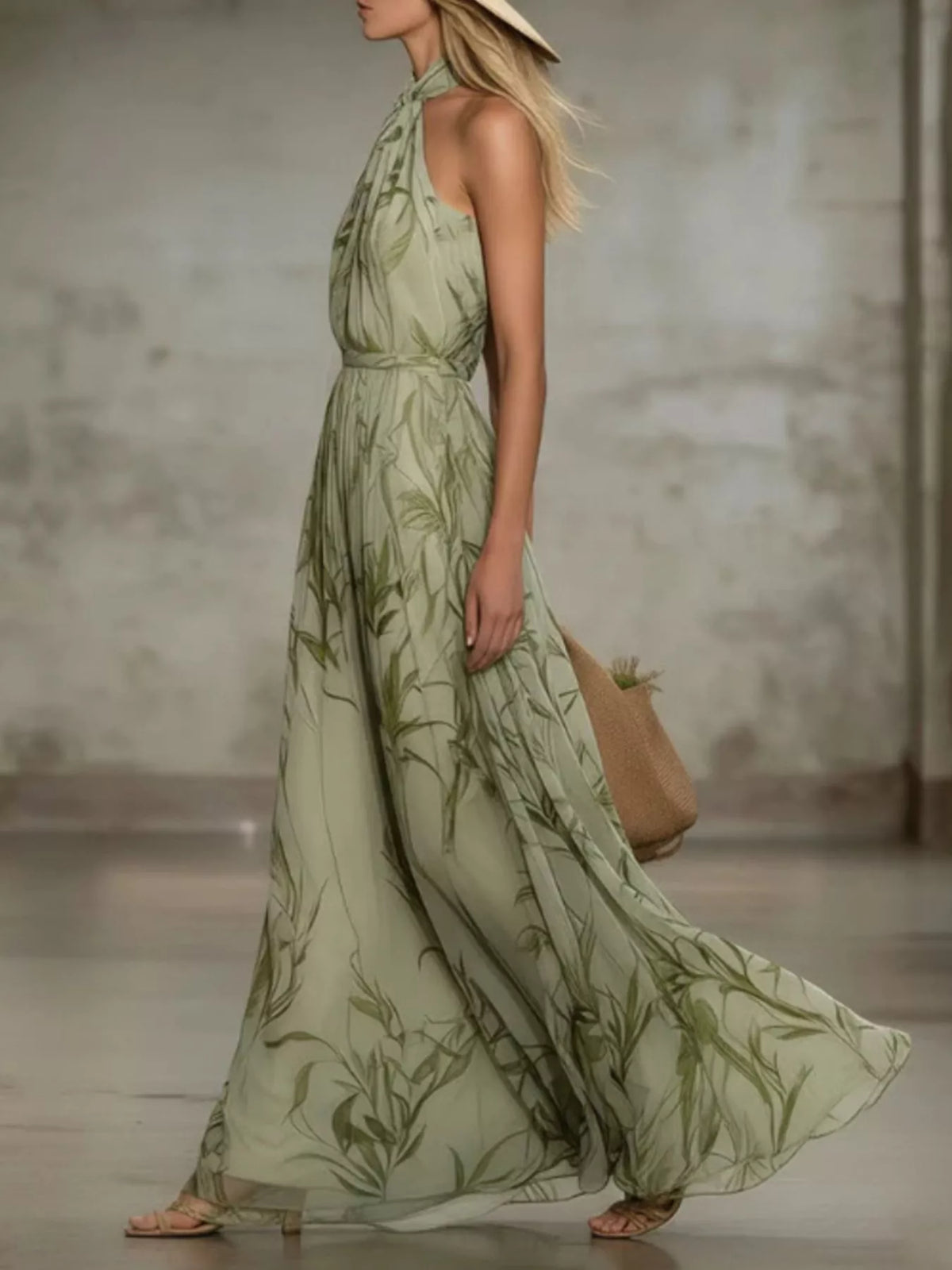 Side view of the sleeveless leaf-print maxi dress.