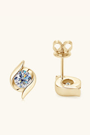 Back view of gold-tone curved leaf moissanite stud earring and post