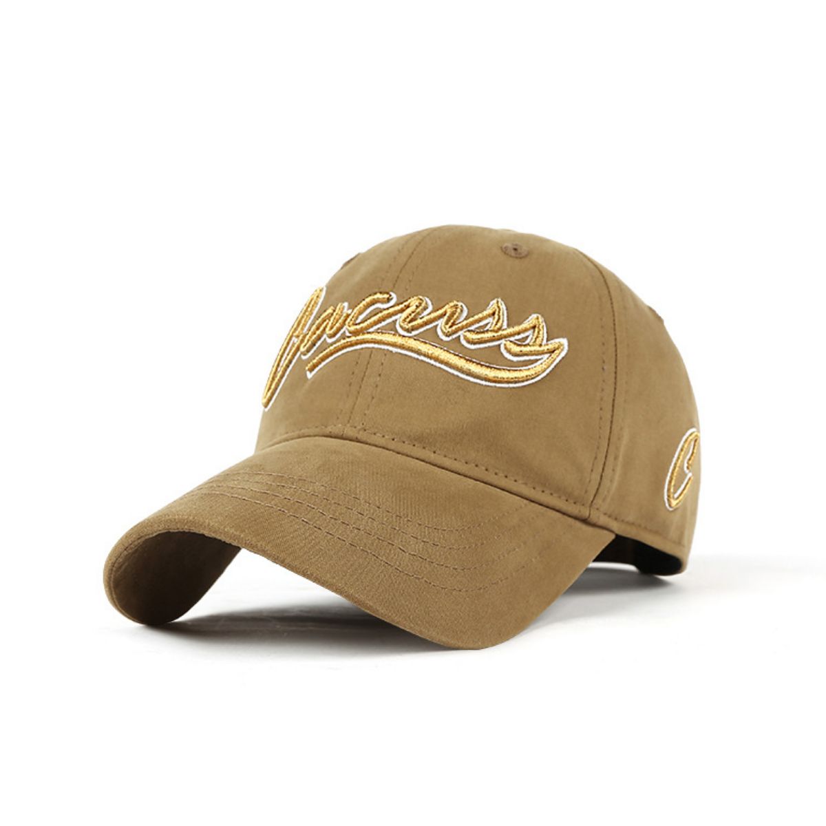 Washed khaki baseball cap with light-coloured cursive embroidery and curved brim