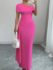 Fuchsia one-shoulder ruched maxi dress, front view