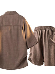 Brown shirt and shorts set displayed from the back.