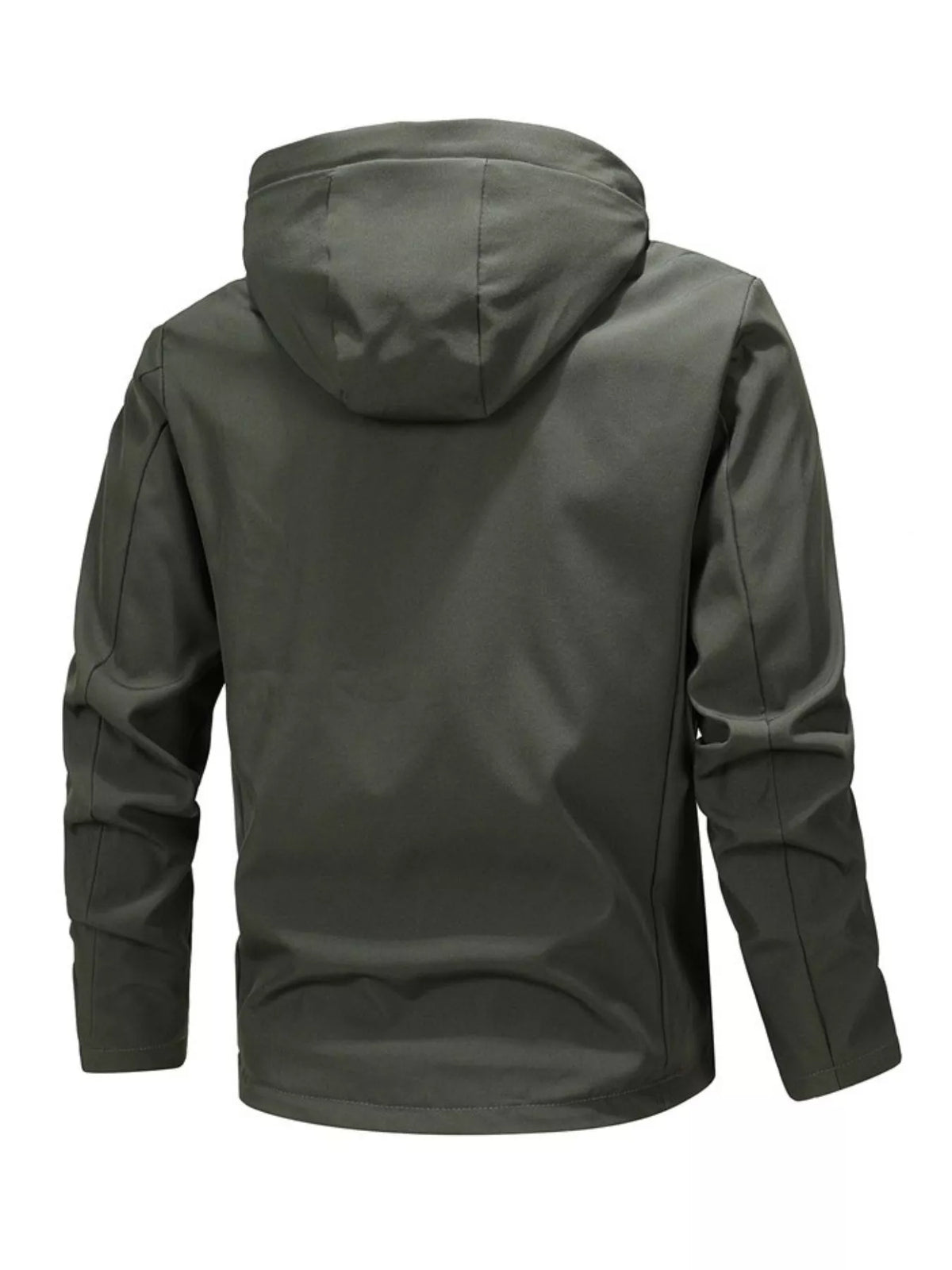 Rear view of the dark hooded windbreaker with hood and long sleeves