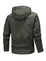 Rear view of the dark hooded windbreaker with hood and long sleeves