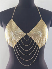 Front view of gold chainmail halter top with draped chains