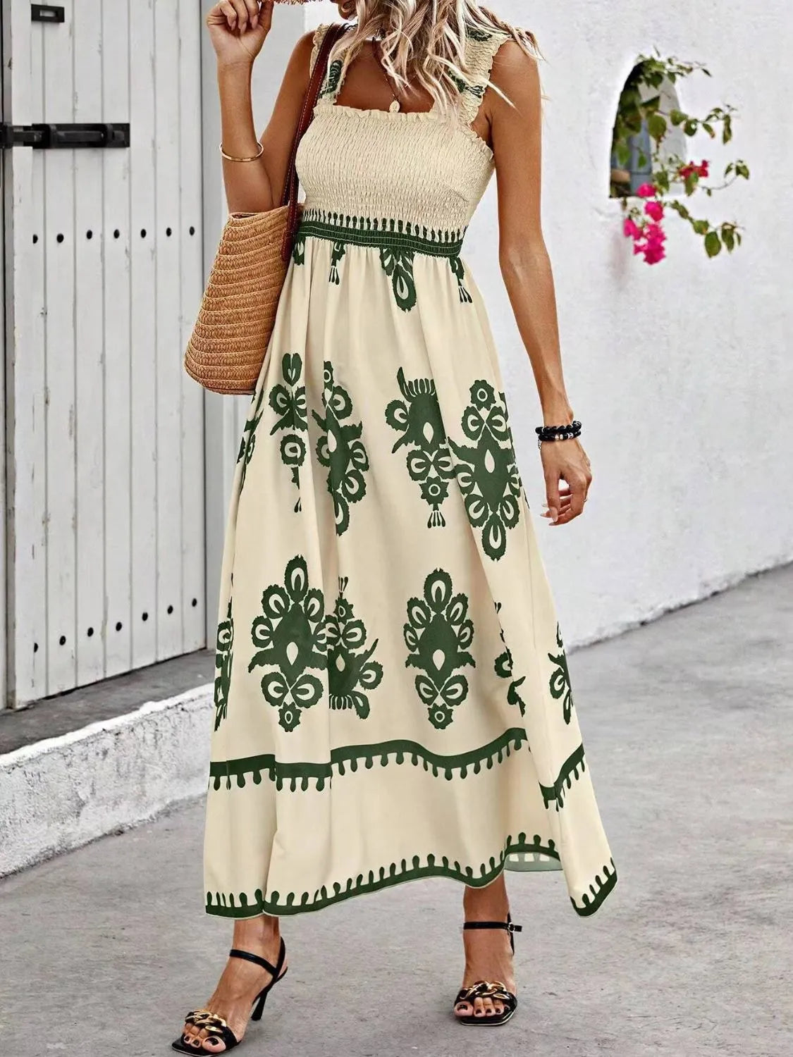 Green floral-print smocked maxi dress, full-length view