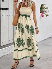 Green floral-print smocked maxi dress, full-length view
