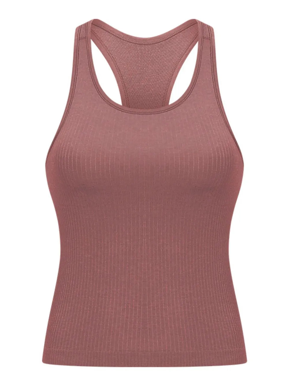 Dusty rose ribbed racerback tank shown flat from the front
