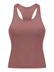 Dusty rose ribbed racerback tank shown flat from the front
