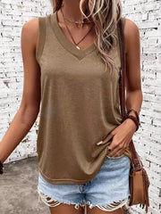 Khaki V-neck tank top with ribbed trim, front view