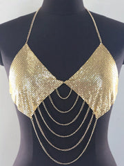 Gold chainmail halter top shown from the side