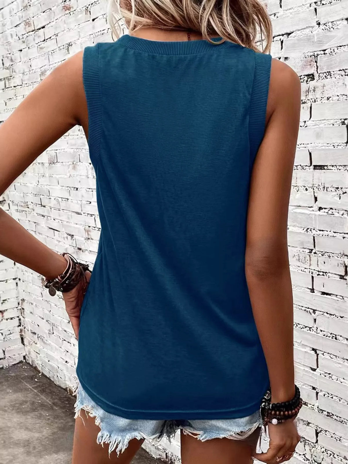 Back view of blue sleeveless tank top