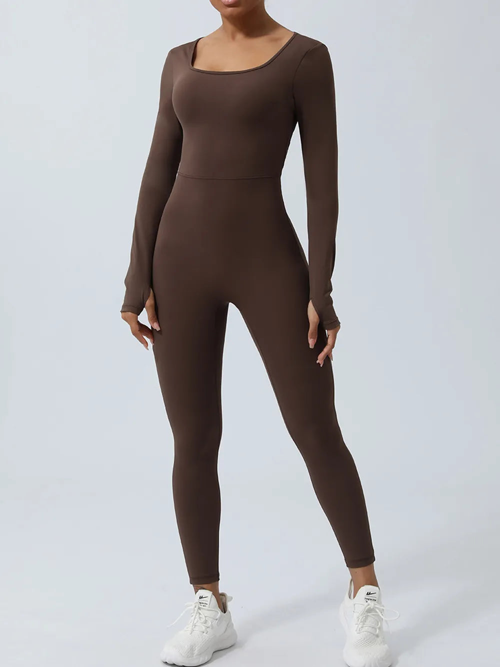 Brown long-sleeve jumpsuit shown from the front
