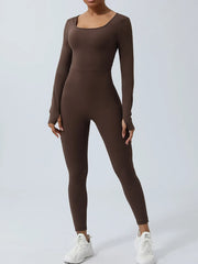 Brown long-sleeve jumpsuit shown from the front