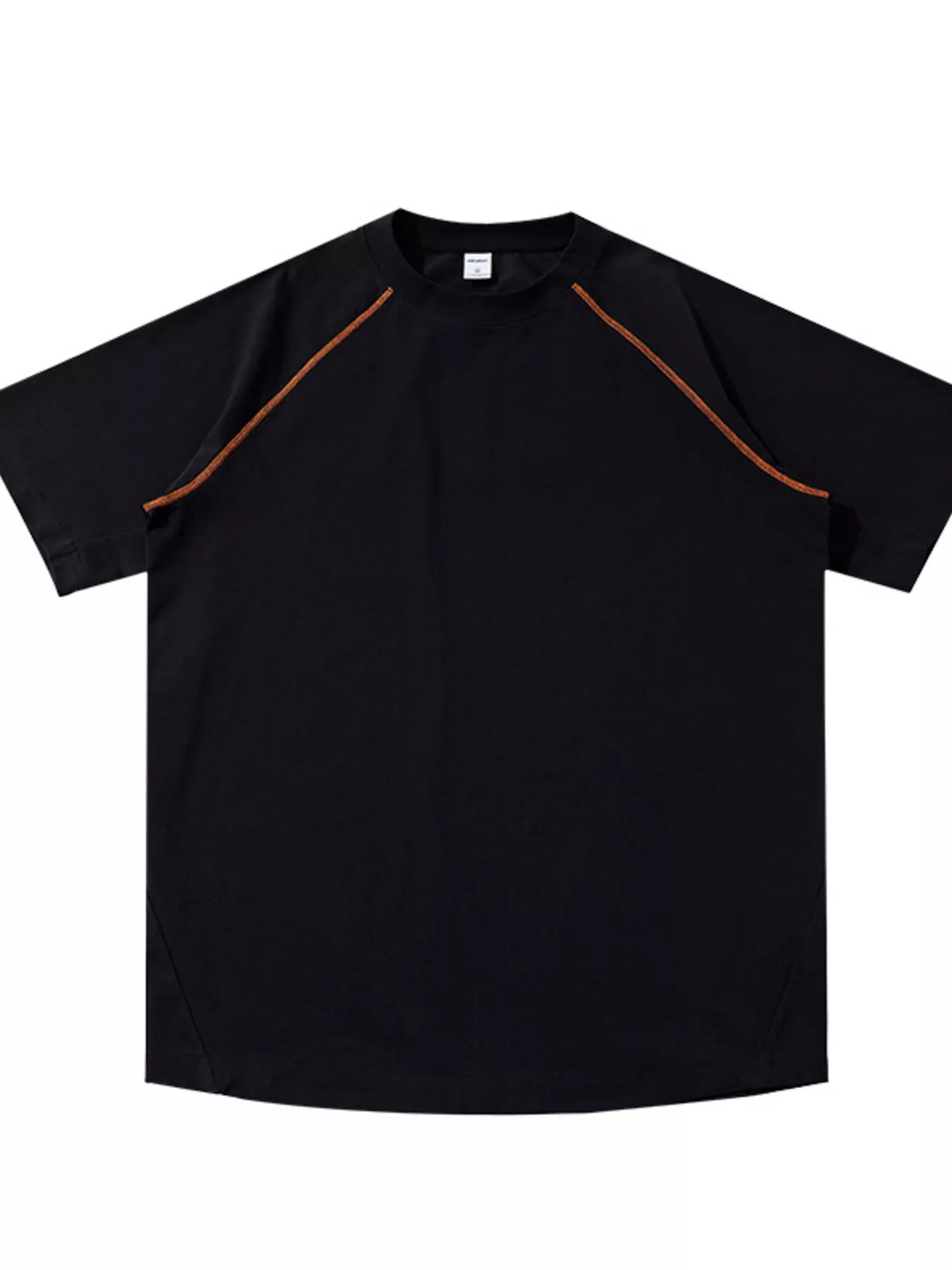 Flat lay of black T-shirt with contrast shoulder piping