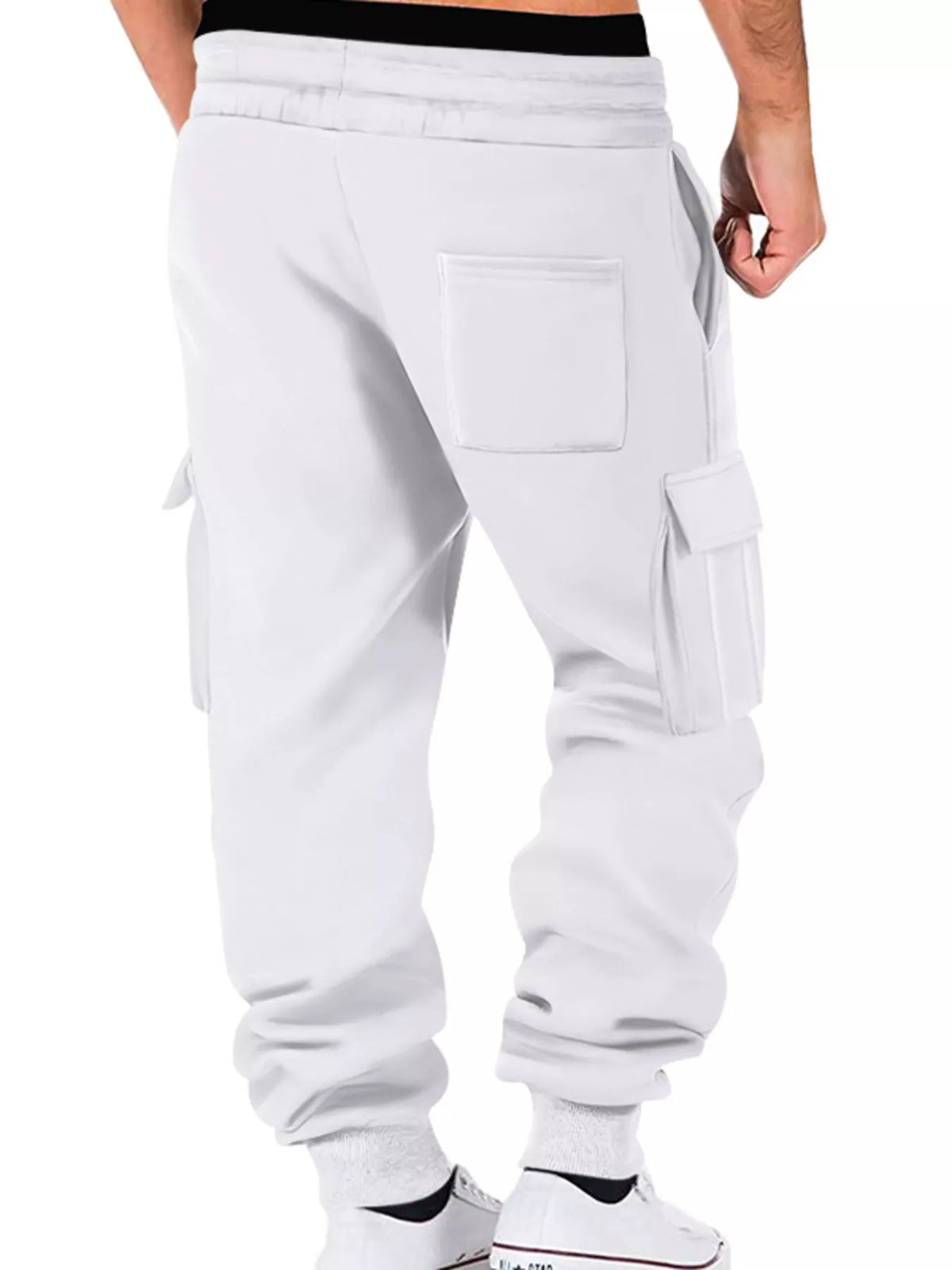 Back view of white cargo joggers with side pockets