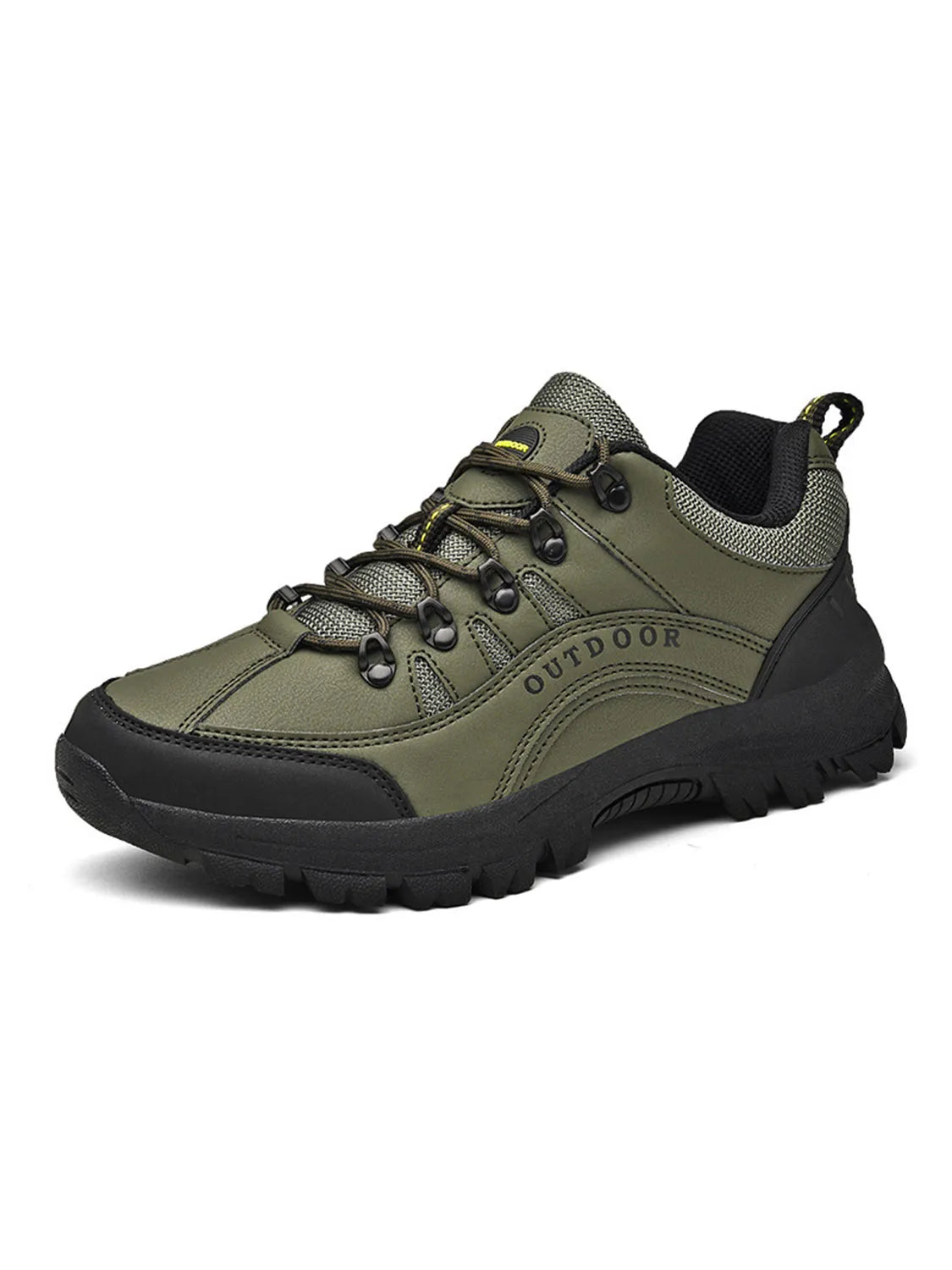 Olive green lace-up shoe with black treaded sole and toe cap, product view