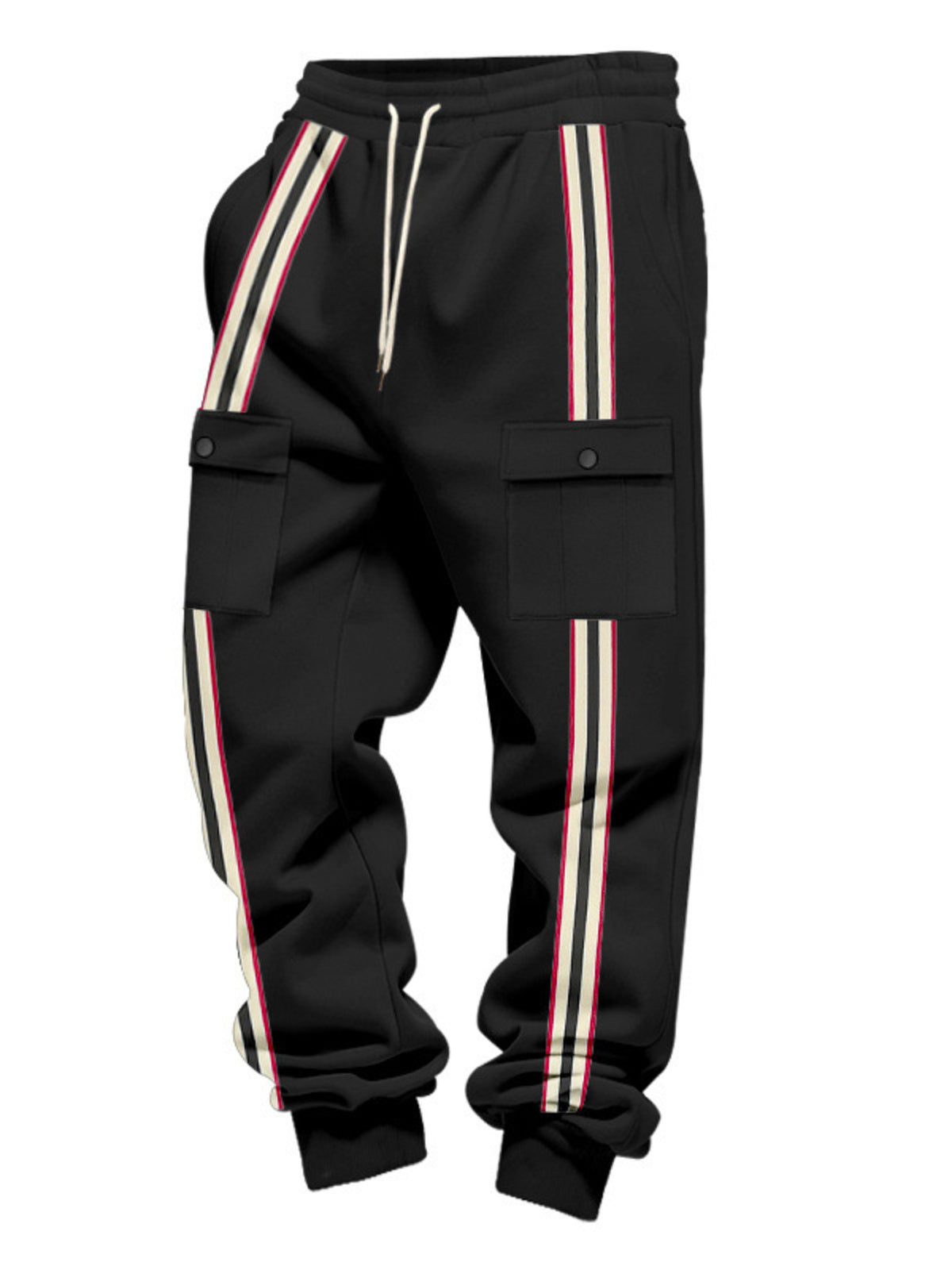 Black joggers displayed from the front with stripe detail
