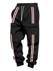 Black joggers displayed from the front with stripe detail