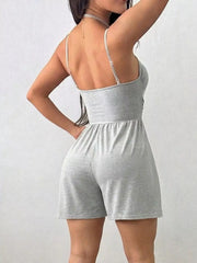 Women's ruched spaghetti-strap romper, light gray back view