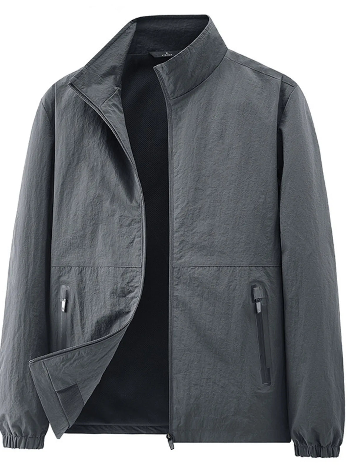 Charcoal grey stand-collar jacket displayed from the front with a turned-back panel
