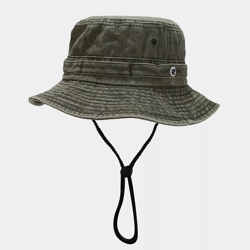 Army green wide-brim bucket hat with a stitched band and chin cord