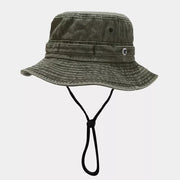 Army green wide-brim bucket hat with a stitched band and chin cord