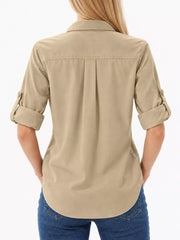 Back view of khaki beige button-down shirt with rolled sleeves