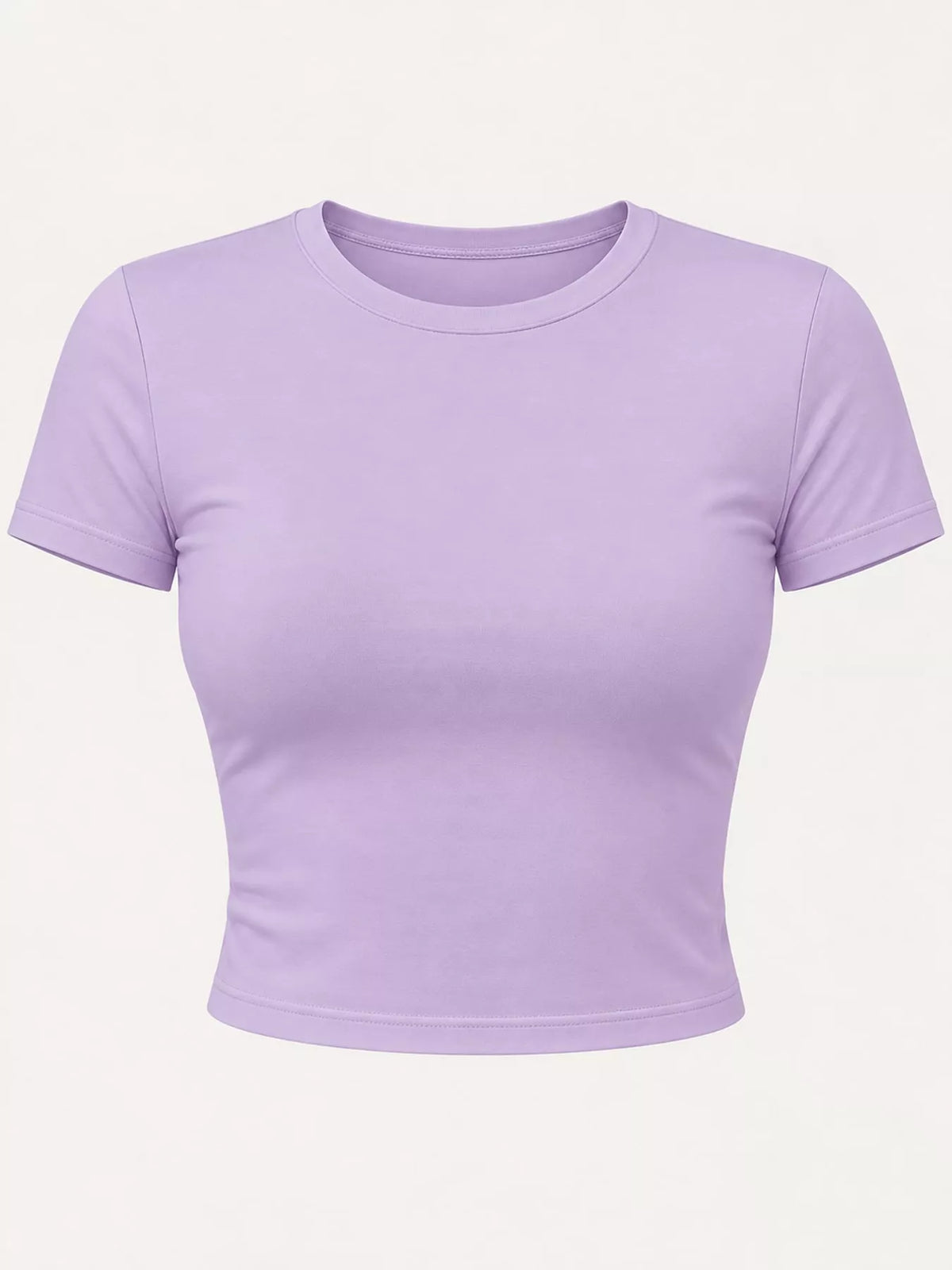 Front view of a lavender cropped crew-neck short-sleeve T-shirt