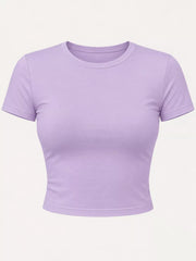 Front view of a lavender cropped crew-neck short-sleeve T-shirt