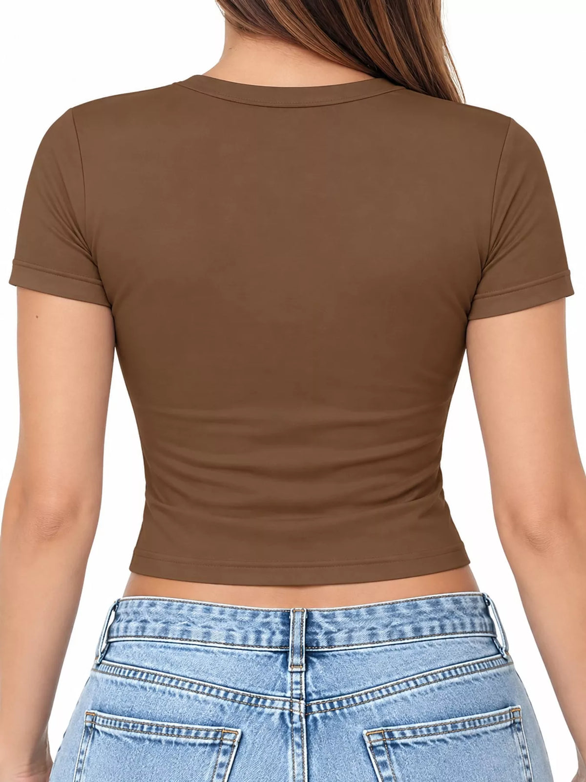 Back view of a brown cropped crew-neck T-shirt on a model