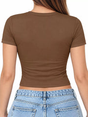 Back view of a brown cropped crew-neck T-shirt on a model