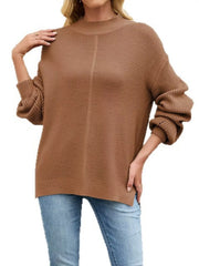 Women’s ribbed mock-neck drop-shoulder sweater in brown sleeve detail