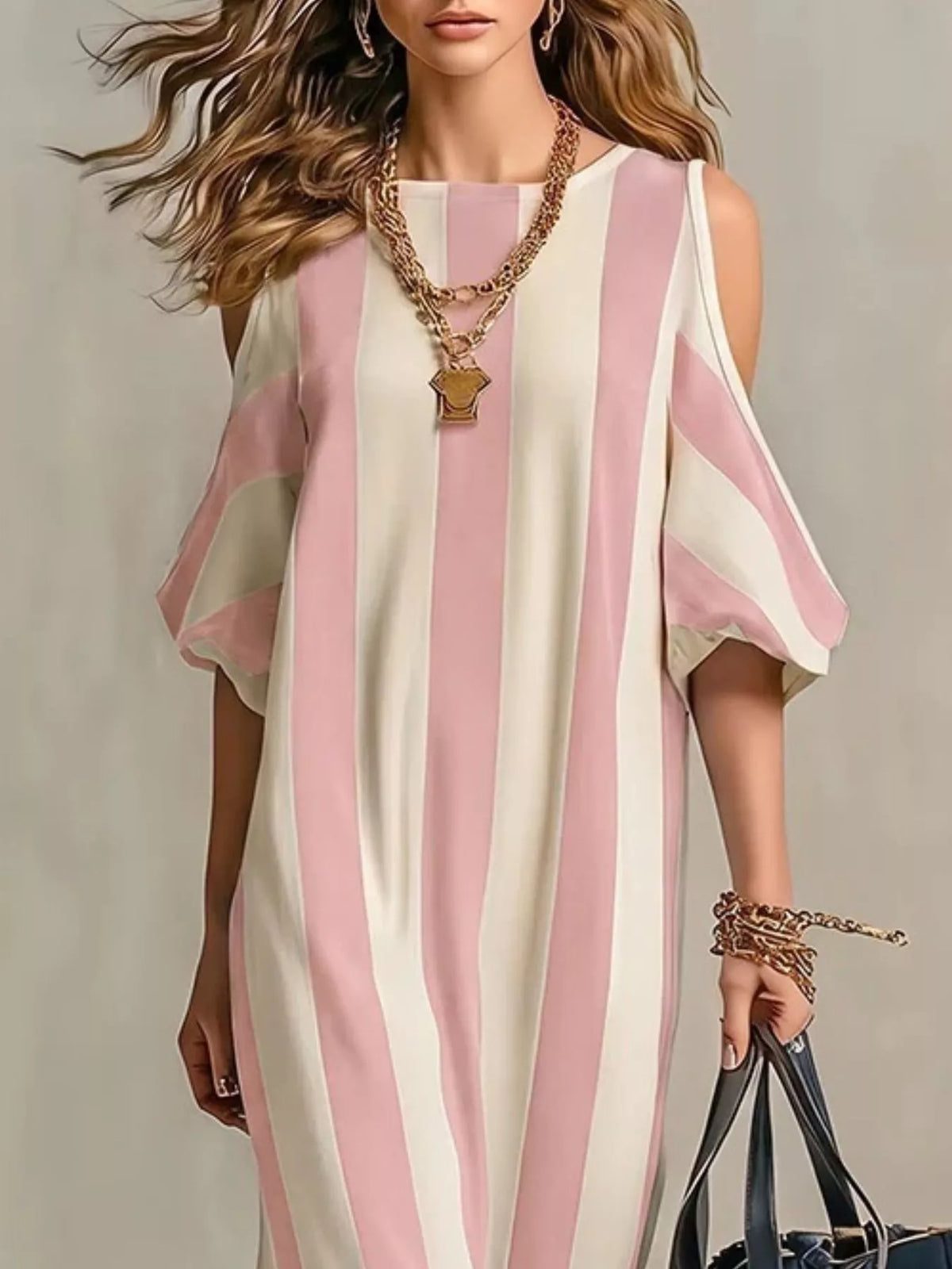 Closer front view of pink striped maxi dress and draped sleeves