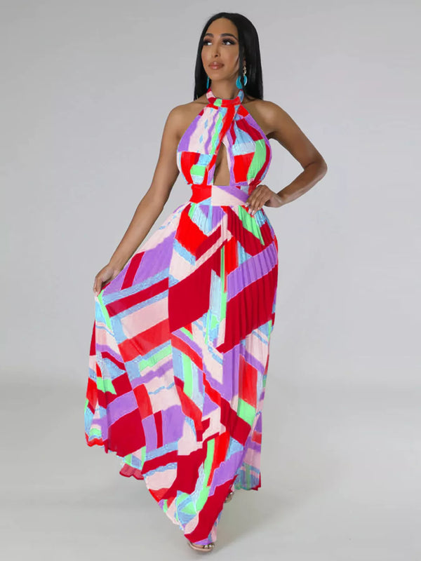 Women's geometric print halter-neck pleated maxi dress