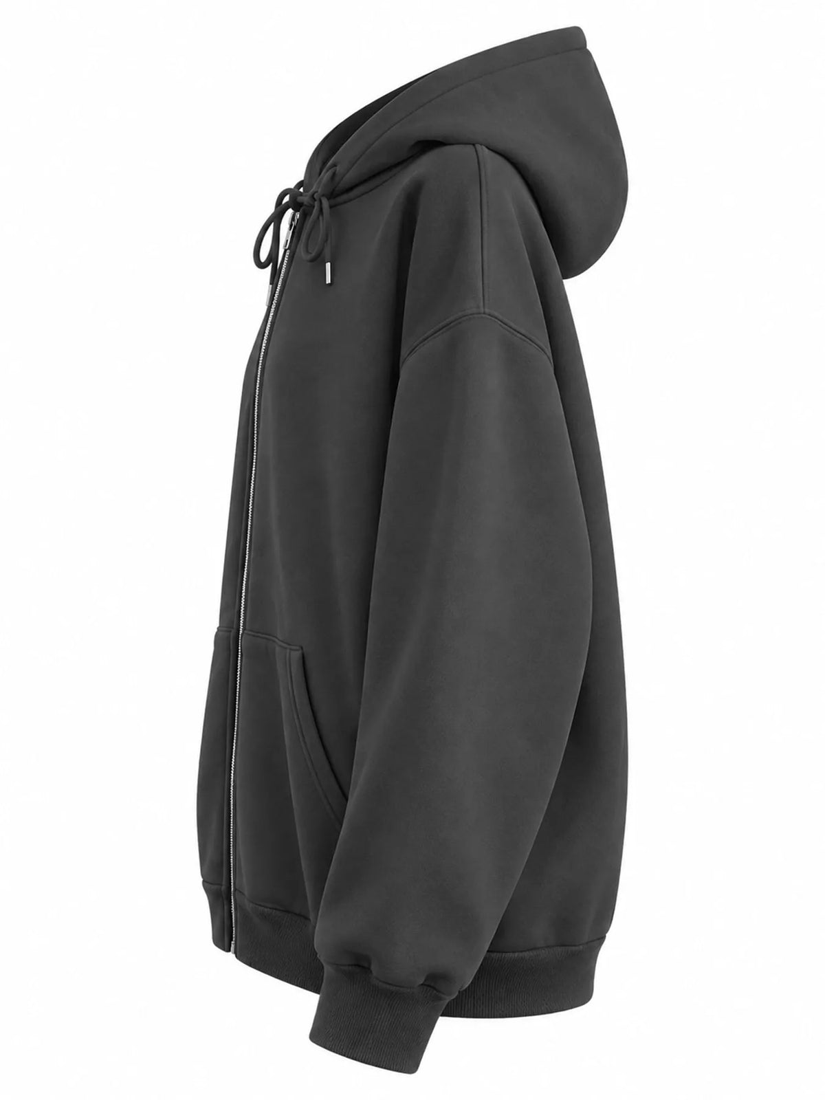 Side view of the charcoal hoodie showing its hood profile and roomy sleeve