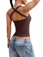 Rear three-quarter view of a brown cami showing crossed straps and a fitted ribbed body.