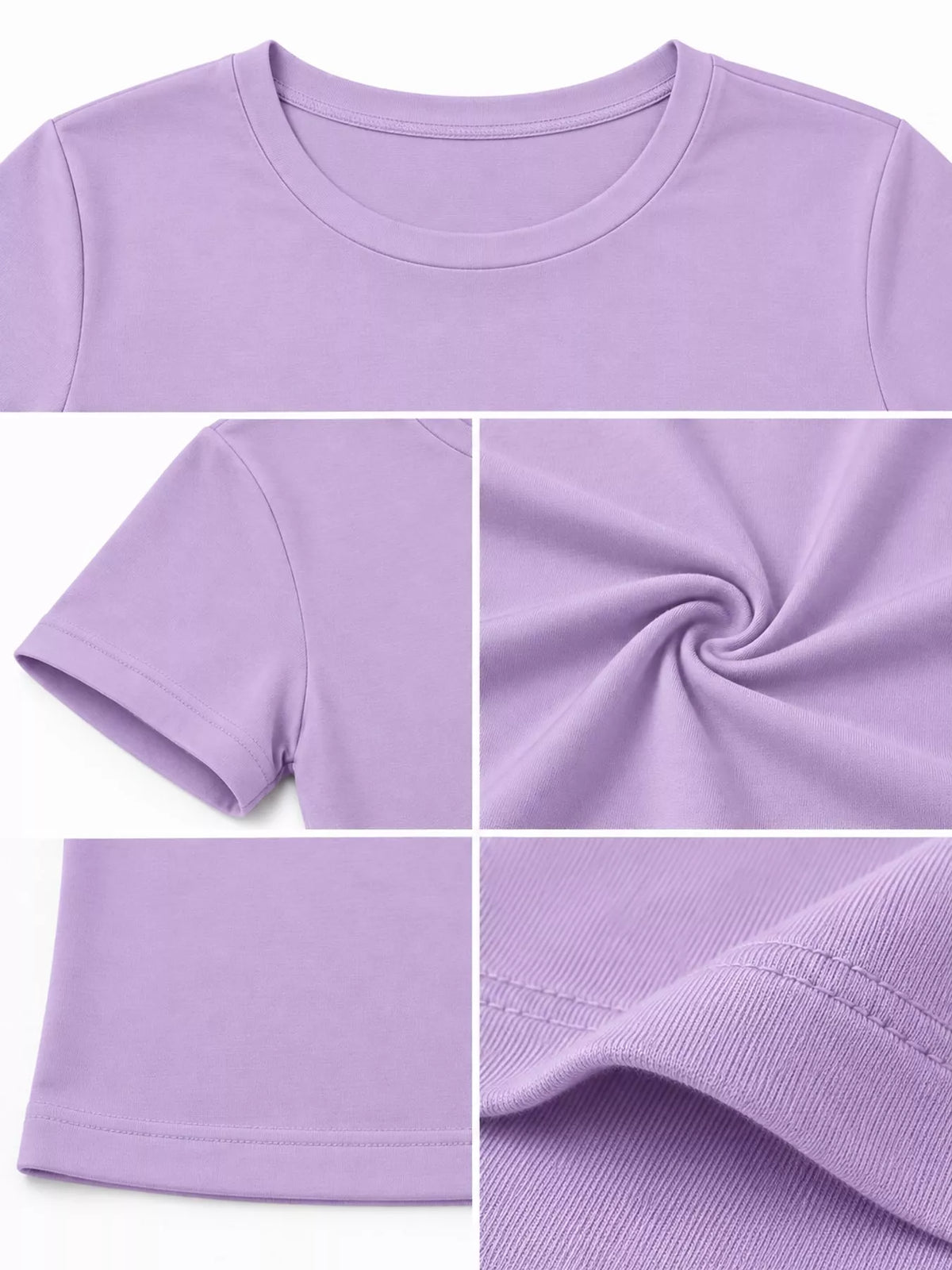 Lavender cropped crew-neck T-shirt with close-ups of the neckline, sleeve, fabric and hem