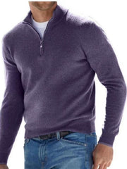 Purple quarter-zip sweater modeled with blue jeans