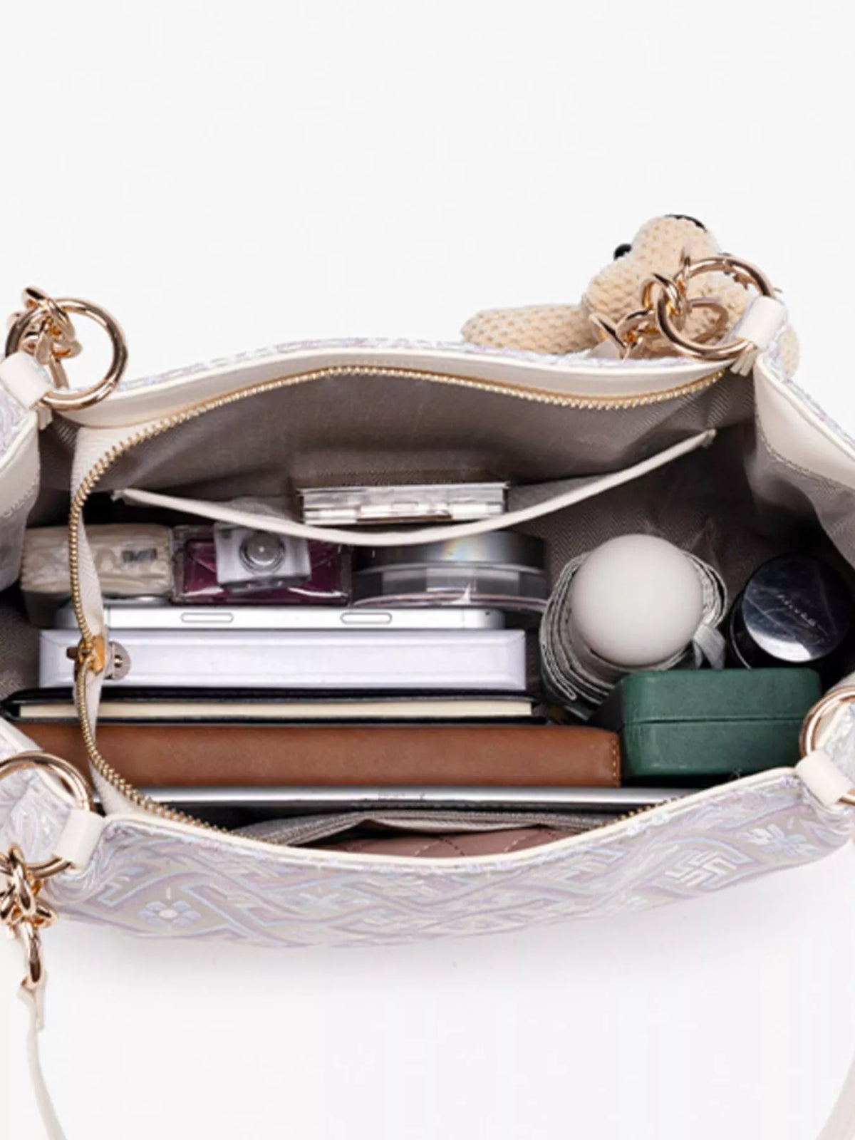 Open jacquard tote showing interior compartments