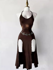 Dark-brown halter dress with sun motif and waist cut-outs, front view on mannequin