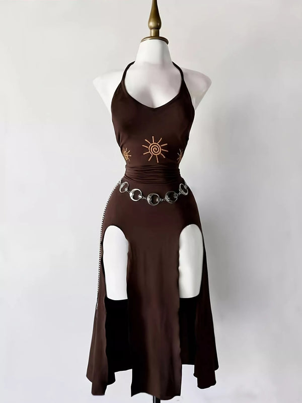 Dark-brown halter dress with sun motif and waist cut-outs, front view on mannequin