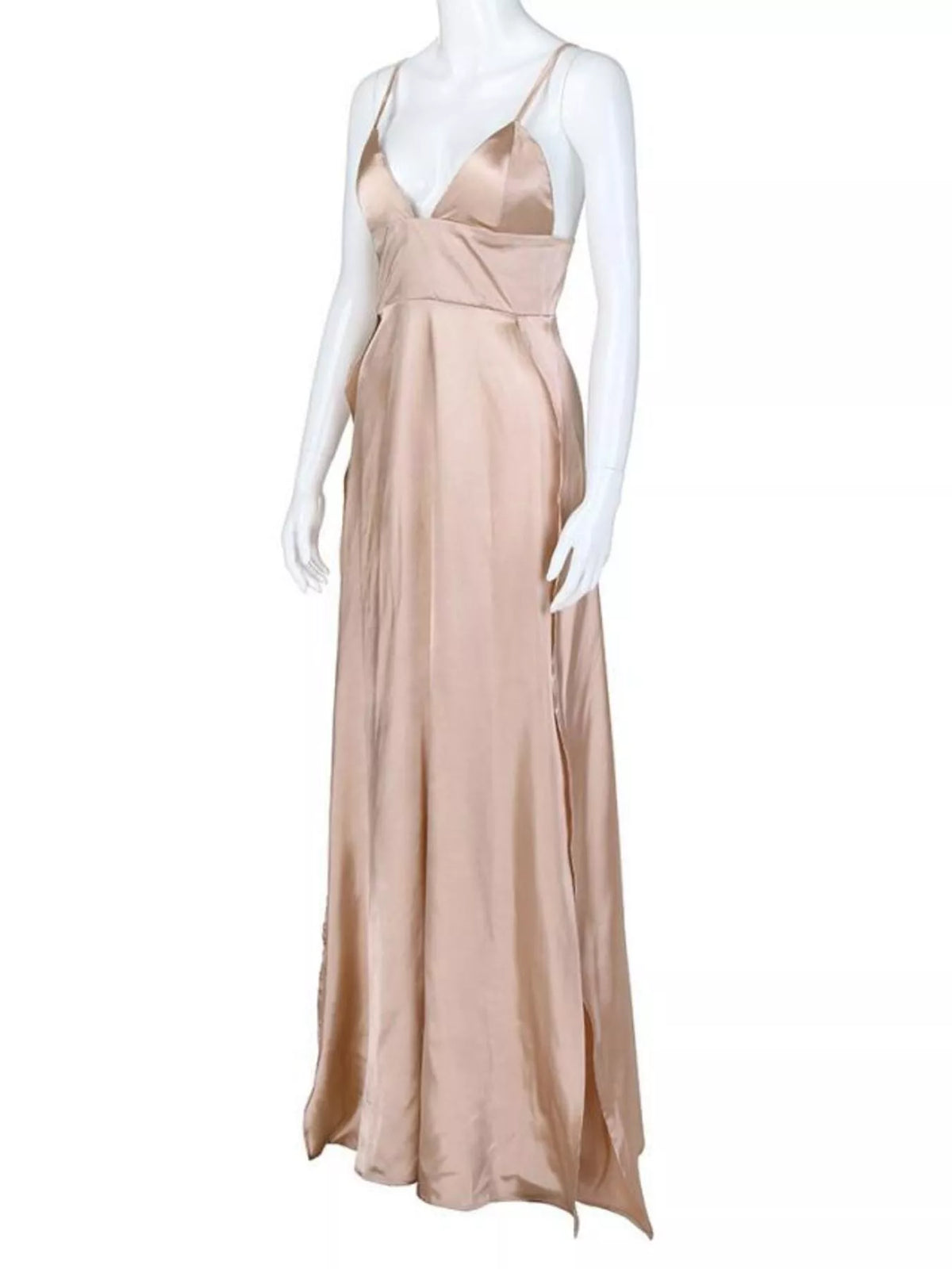 Three-quarter view of the flowing skirt and V-neck bodice of the blush maxi dress
