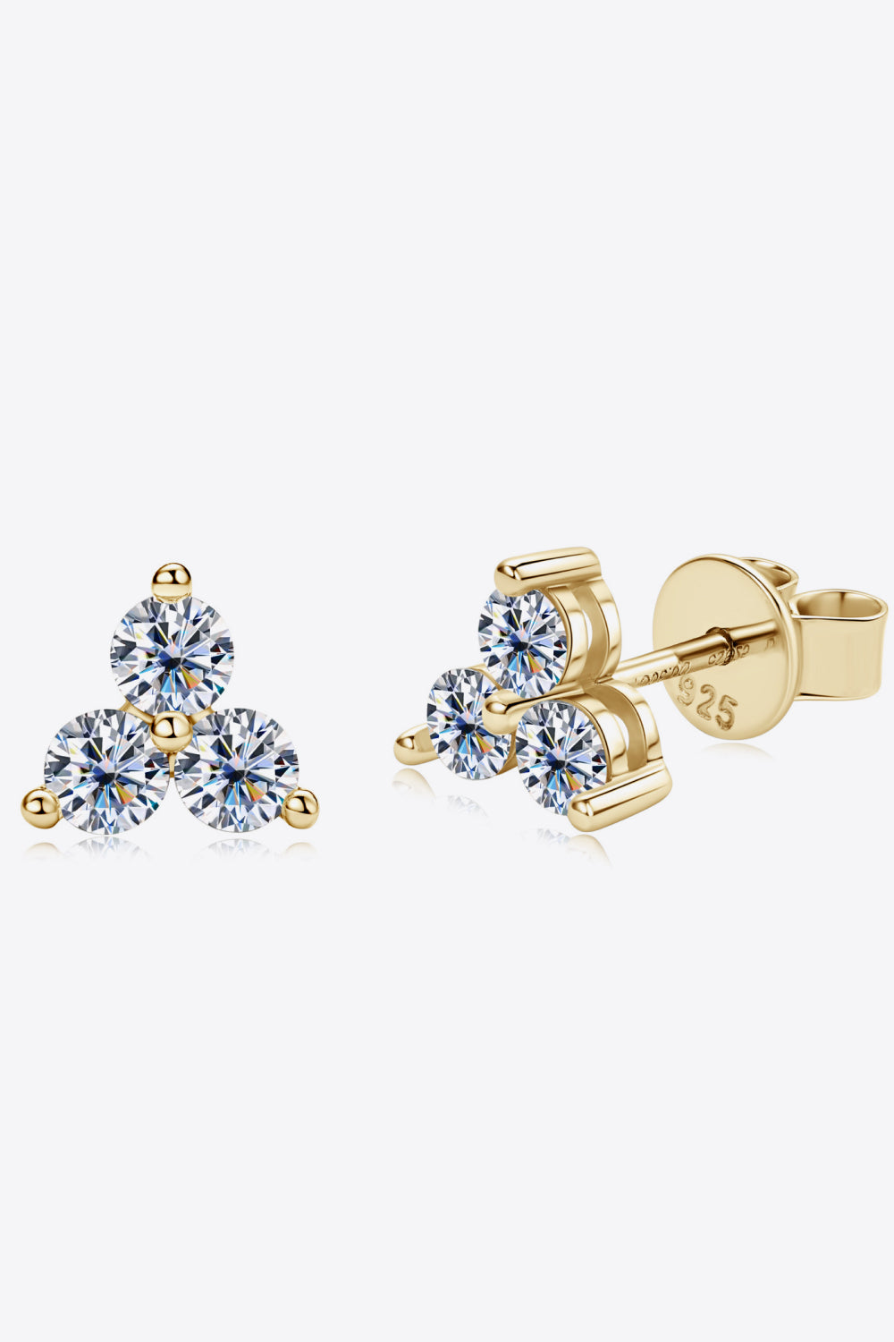 Gold-tone three-stone moissanite studs, front and side
