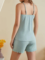 Lace-Trimmed Ribbed Cami & Shorts Lounge Set: Back view of pale blue camisole and matching shorts.