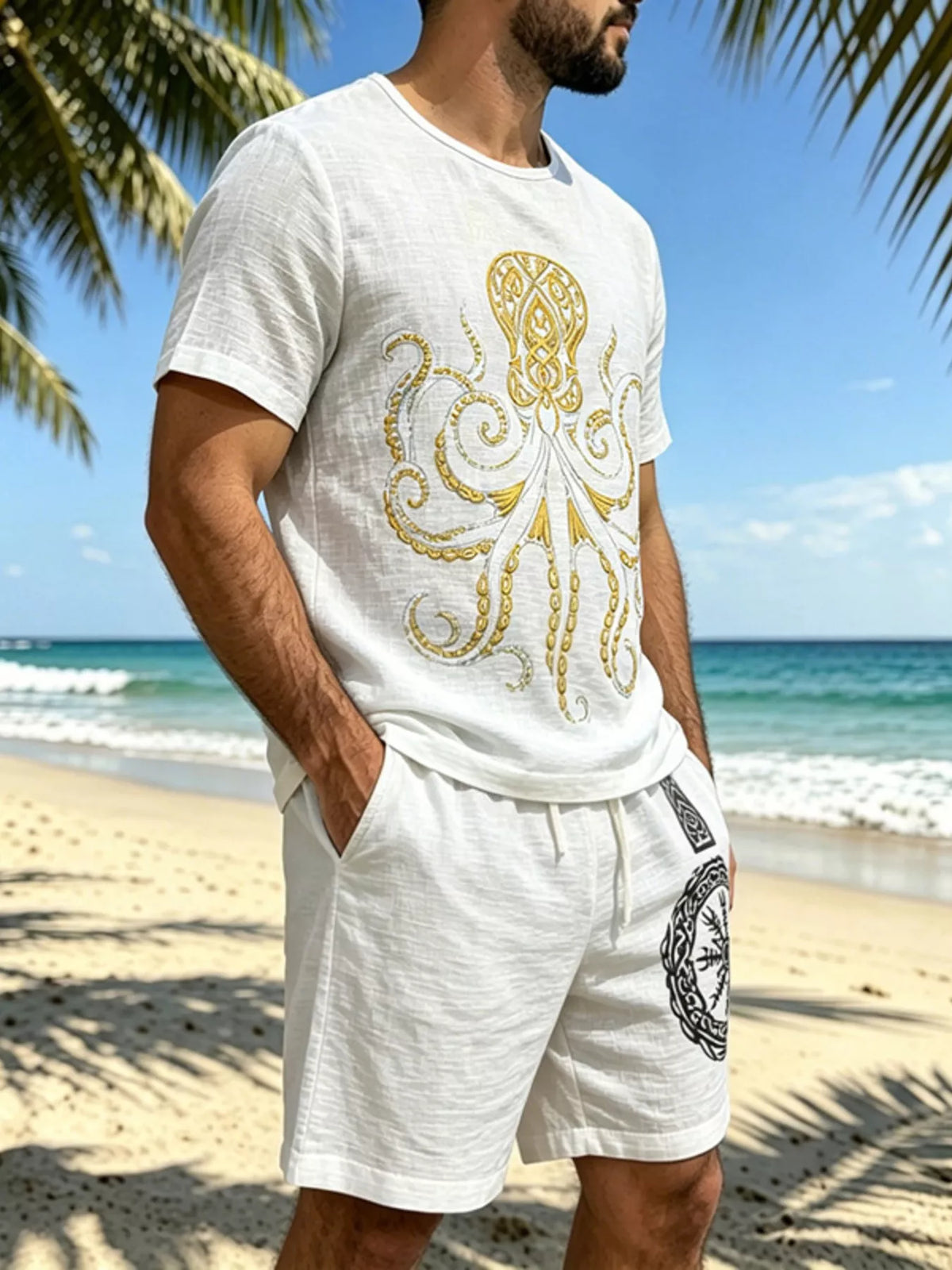 White tee and shorts set shown at an angle, with the octopus print and shorts emblem visible.