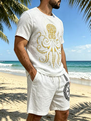 White tee and shorts set shown at an angle, with the octopus print and shorts emblem visible.