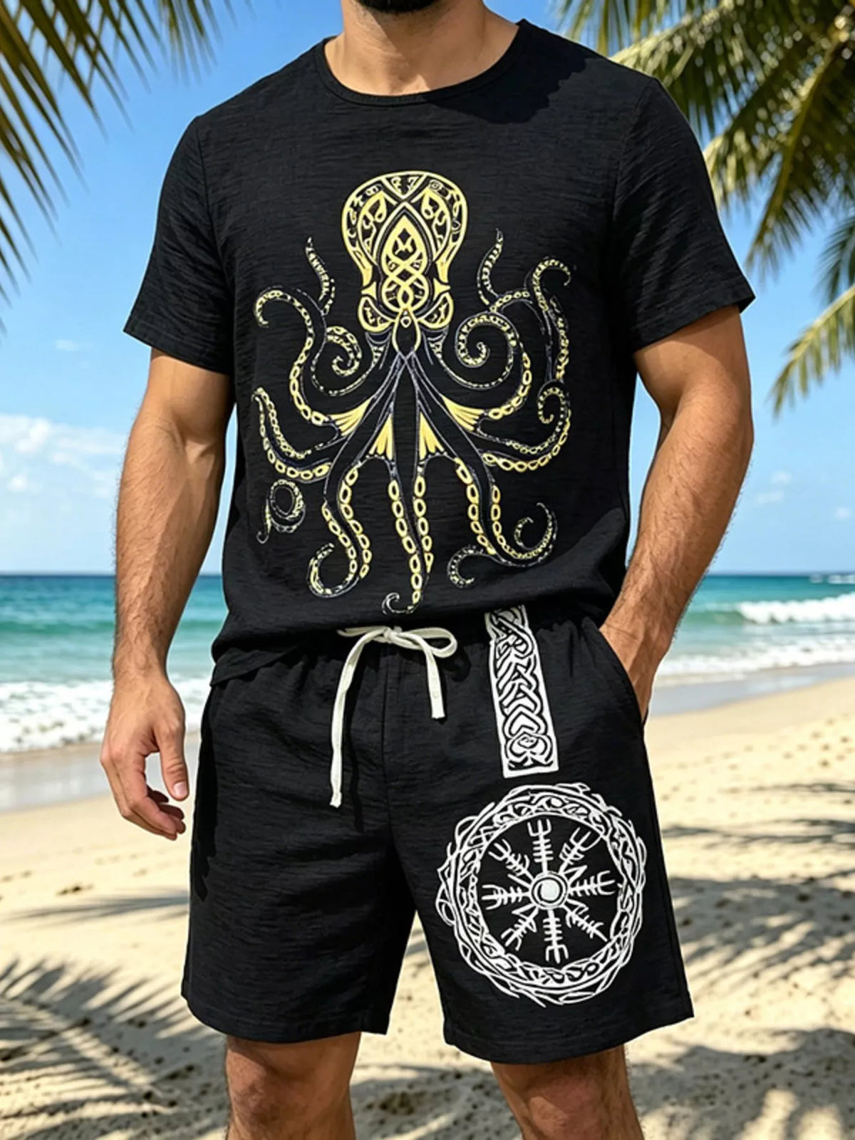 Black short-sleeve crew-neck tee and shorts set with a large octopus graphic and circular shorts emblem, front view.