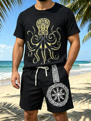 Black short-sleeve crew-neck tee and shorts set with a large octopus graphic and circular shorts emblem, front view.